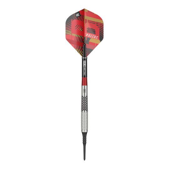 Target Stephen Bunting GEN5 Soft Darts - 18g Auf dem Bild ist ein Softdart der Marke Target Stephen Bunting GEN5 mit einem Gewicht von 18 Gramm zu sehen. Der Dart hat ein auffälliges, rot-schwarzes Design mit der Aufschrift "BULLET" auf dem Flight.