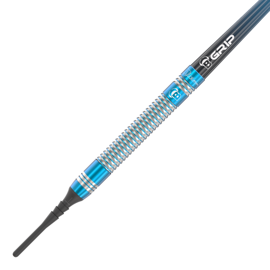 Bulls Jermaine Wattimena Generation 3 Soft Darts - 20g Das Bild zeigt einen Softdart mit silbernen und blauen Rillen. Auf dem Schaft steht „B GRIP“ und der Dart wirkt hochwertig verarbeitet.