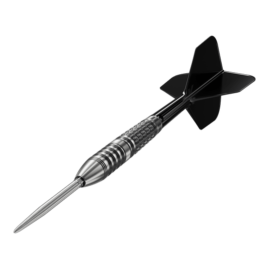 Das Bild zeigt den Target Japan Black Marque Lumiere GEN3 Steeldart. Der Dartpfeil ist schwarz-silber und hat ein modernes, hochwertiges Design.