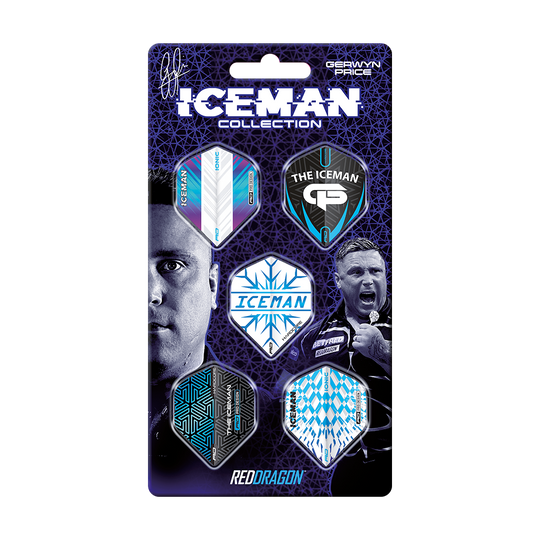 X0799_Red_Dragon_Gerwyn_Price_1_Flight_Card_1 Das Bild zeigt die "Red Dragon Gerwyn Price 1 Flight Card" aus der Iceman Kollektion. Auf der Verpackung sind fünf verschiedene Flights für Darts sowie Bilder und Grafiken von Gerwyn Price abgebildet.