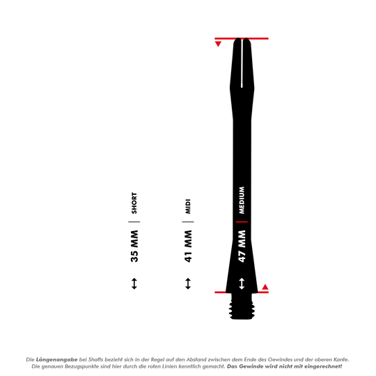 HR366_Harrows_Keramic_Shafts_5_47mmiPhmTdPXKeuFG Das Bild zeigt die Längen der Harrows Keramic Shafts in Weiß in den drei Varianten Short (35 mm), Midi (41 mm) und Medium (47 mm). Die Längen werden jeweils zwischen dem Ende des Gewindes und der oberen Kante gemessen.