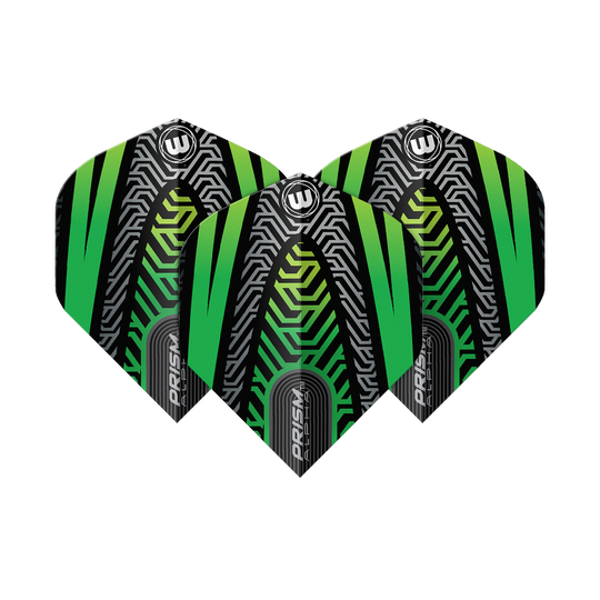 Winmau Prism Alpha Black Green No. 2 Standard Flights Das Bild zeigt drei Dartflights des Modells "Winmau Prism Alpha Schwarz Grün No2 Standard". Die Flights haben ein auffälliges, modernes Design in Schwarz, Grün und silbernen Linienmustern.
