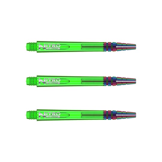 C609_Nitro_Ionic_Medium_Green_Shafts Das Bild zeigt drei grüne RedDragon Nitrotech Ionic Shafts, die nebeneinander liegen. Sie sind lang und haben am Ende eine mehrfarbige Spitze.