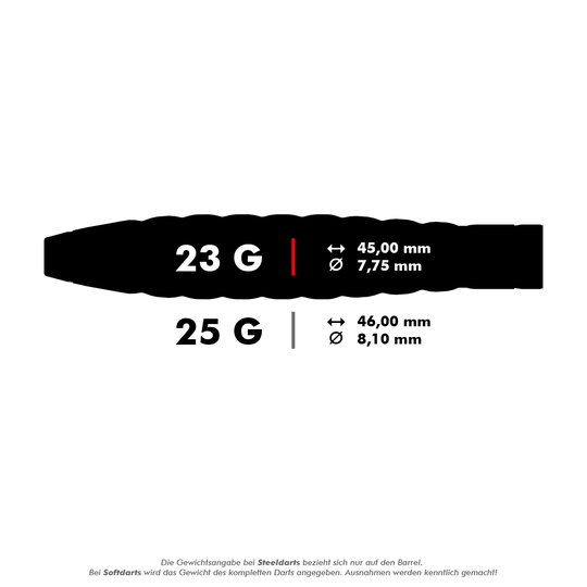 Das Bild zeigt die Maße und Gewichte von zwei Steeldart-Barrels. Das 23-Gramm-Barrel ist 45,00 mm lang und hat einen Durchmesser von 7,75 mm, während das 25-Gramm-Barrel 46,00 mm lang und 8,10 mm dick ist.