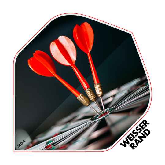 MD-401-4SLog_4-seitig_Bedruckte_Flights_Logo_MDX_4 Das Bild zeigt drei rote Dartpfeile, die im Bullseye einer Dartscheibe stecken. Am rechten unteren Rand steht der Text "WEISSER RAND".