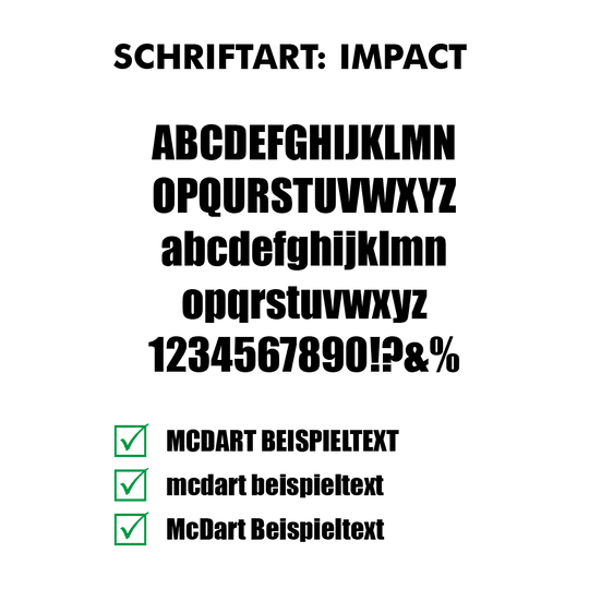 Flightdruck-Schriftart-ImpactzJ0XL6t2mAKcF Das Bild zeigt verschiedene Schriftproben der Schriftart „Impact“ in Groß- und Kleinbuchstaben sowie Zahlen und Sonderzeichen. Unten werden drei Beispieltexte in unterschiedlichen Schreibweisen mit einem grünen Häkchen angezeigt.
