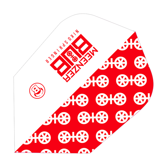 Das Bild zeigt ein Dartflight-Produkt mit dem Namen "Bulls X-Powerflite Niko Springer XXL B-Standard Flights". Das Design ist rot-weiß und trägt auffällige Logos und Muster.