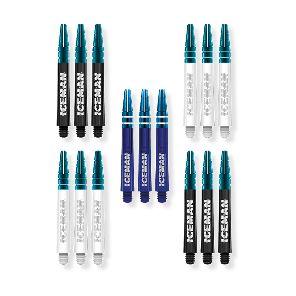 Das Bild zeigt eine Sammlung von Dartschäften in verschiedenen Farben mit der Aufschrift "ICEMAN". Die Schäfte gehören zur Red Dragon Gerwyn Price Iceman Shaft Collection in der Größe Medium.
