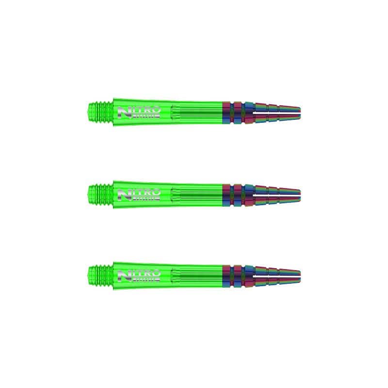 C604_Nitro_Ionic_Short_Green_Shafts Das Bild zeigt drei grüne RedDragon Nitrotech Ionic Shafts. Die Schäfte sind länglich, haben ein glänzendes Aussehen und sind für Dartpfeile geeignet.