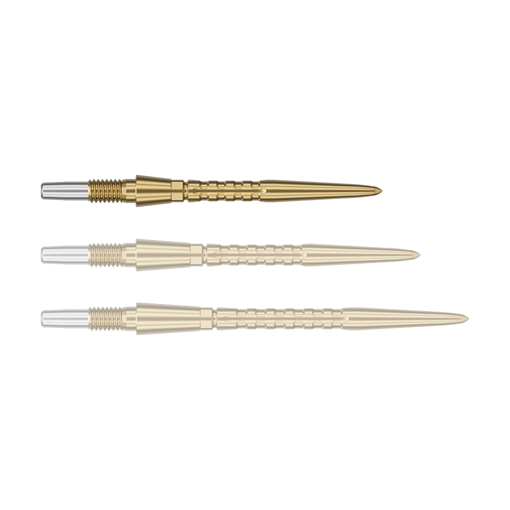 Target Swiss Point Storm Surge steel dart tips - gold Auf dem Bild sind drei goldfarbene Dartspitzen zu sehen. Sie liegen nebeneinander auf grünem Hintergrund.