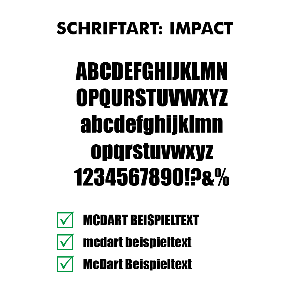 Flightdruck-Schriftart-ImpactzJ0XL6t2mAKcF Das Bild zeigt verschiedene Schriftproben der Schriftart „Impact“ in Groß- und Kleinbuchstaben sowie Zahlen und Sonderzeichen. Unten werden drei Beispieltexte in unterschiedlichen Schreibweisen mit einem grünen Häkchen angezeigt.